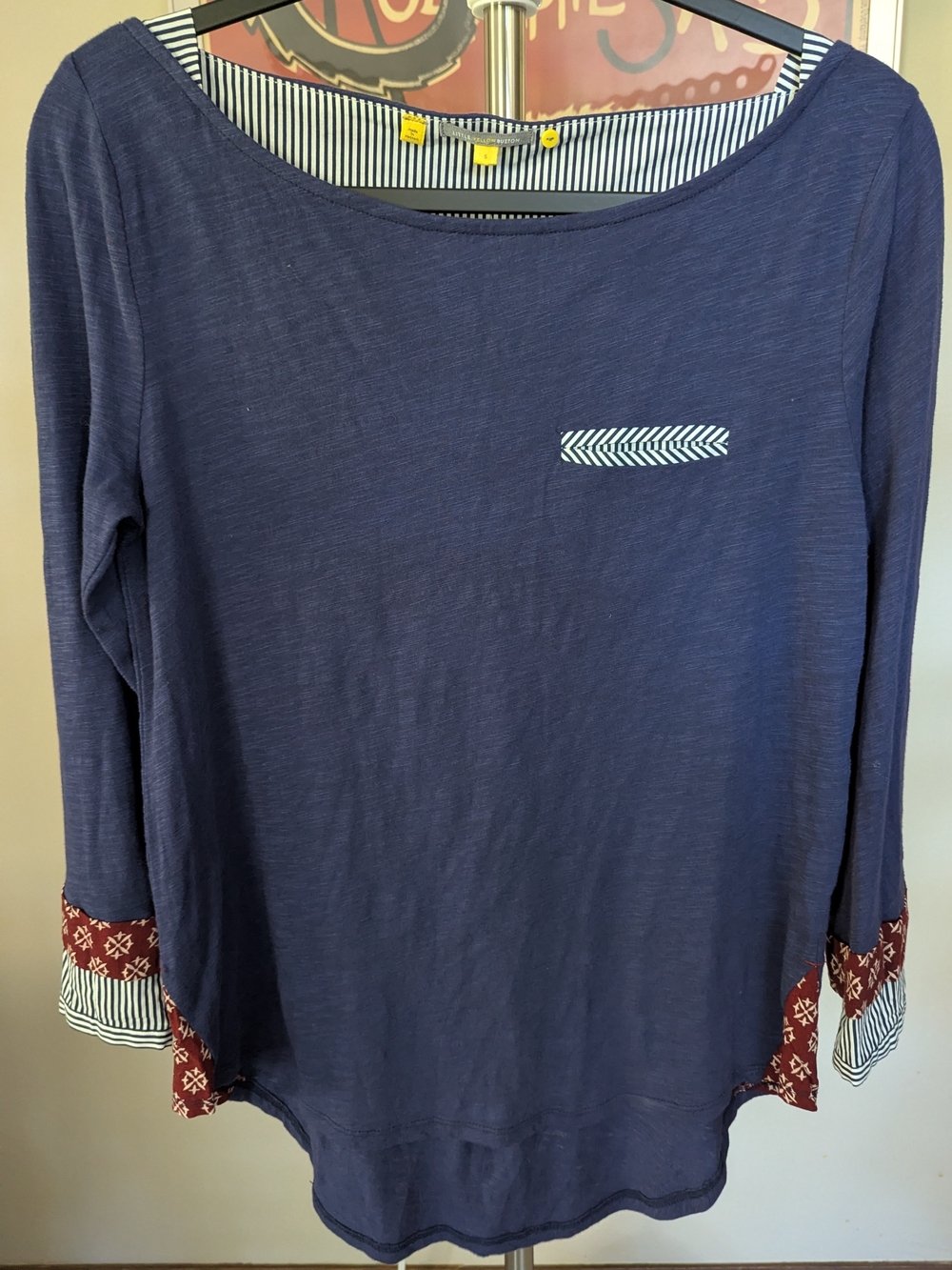 $15 Anthropologie Little Yellow Button Size S Navy Mixed Media Striped Top NWT